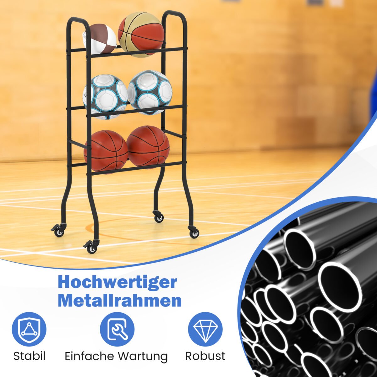Stovas kamuoliams su ratukais ir metaliniu rėmu (Juoda) – Paveikslėlis 4