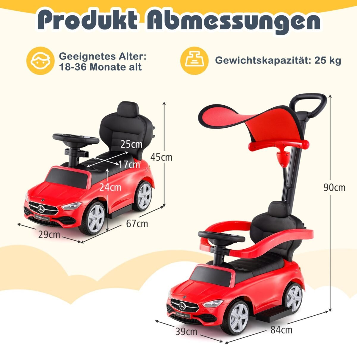 Mercedes-Benz stumiama mašinėlė su stūmimo rankena (Raudona) – Paveikslėlis 2