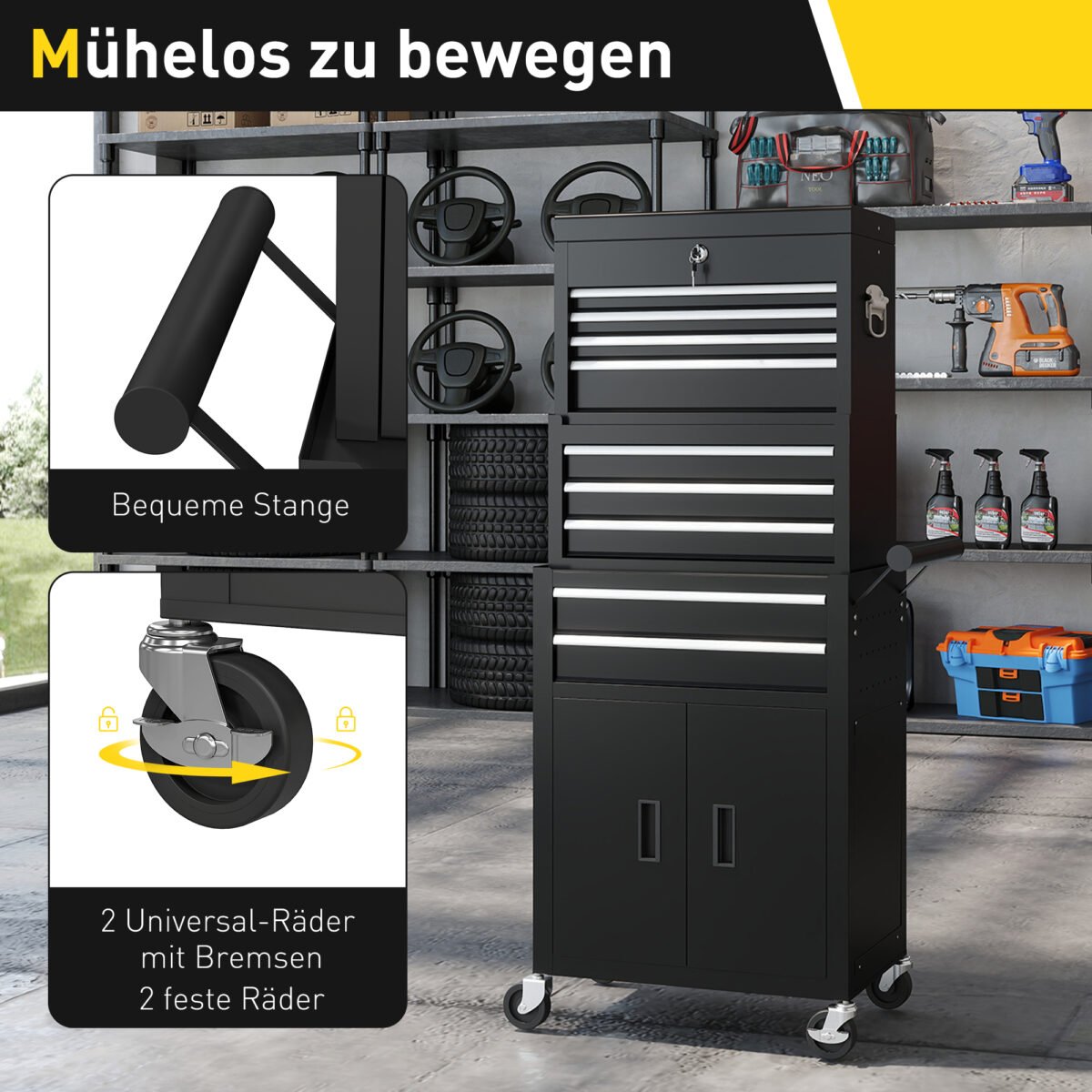 3 viename įrankių vežimėlis su 9 užrakinamais stalčiais – Paveikslėlis 6