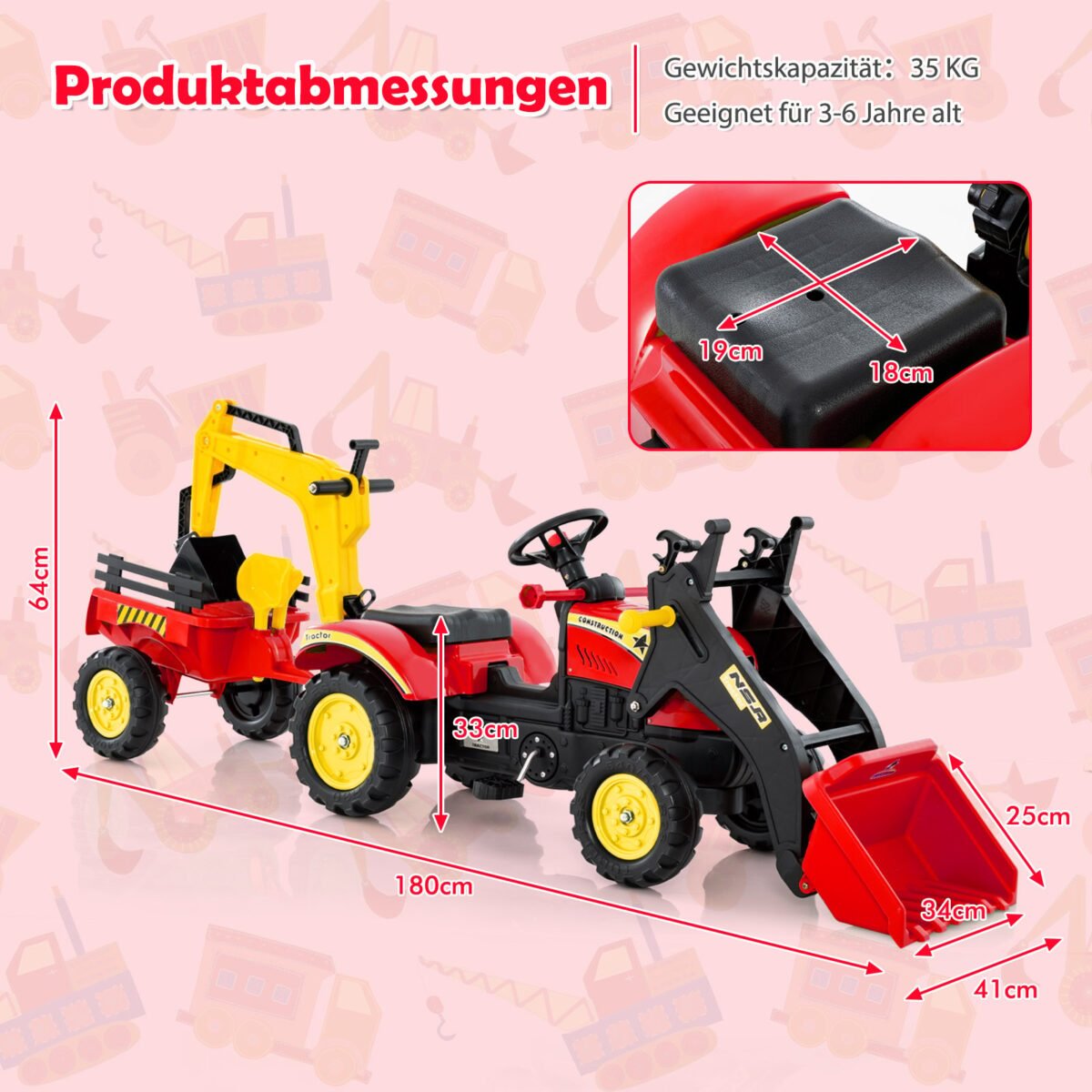 Vaikiškas minamas traktorius-ekskavatorius su kaušu ir priekaba (Raudona) – Paveikslėlis 2