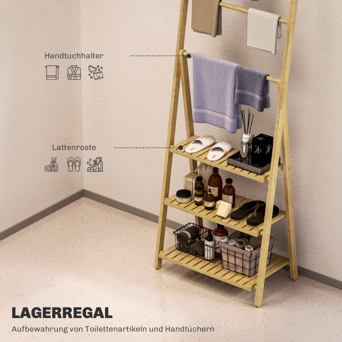 A-formos bambukinė vonios lentyna su rankšluosčių laikikliais – Paveikslėlis 5