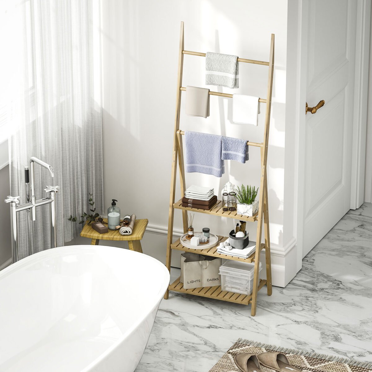 A-formos bambukinė vonios lentyna su rankšluosčių laikikliais – Paveikslėlis 8