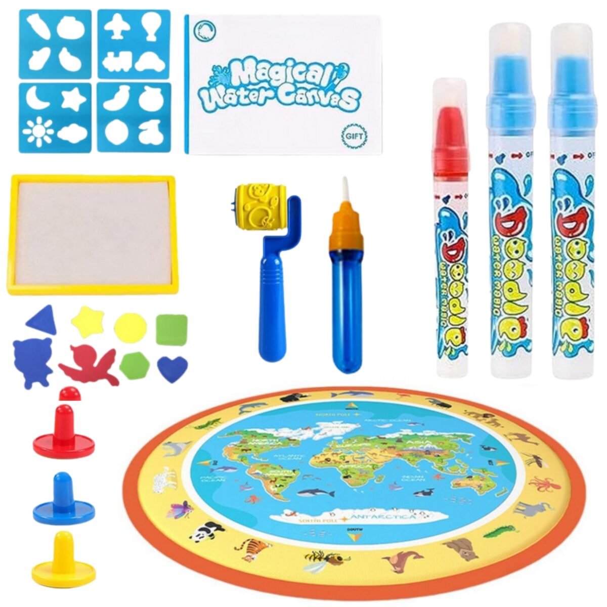 Apvalus vandens piešimo kilimėlis su pasaulio žemėlapiu ir gyvūnais – Paveikslėlis 2