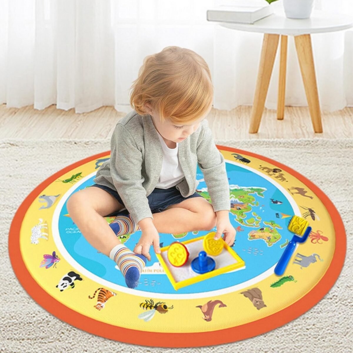 Apvalus vandens piešimo kilimėlis su pasaulio žemėlapiu ir gyvūnais – Paveikslėlis 3