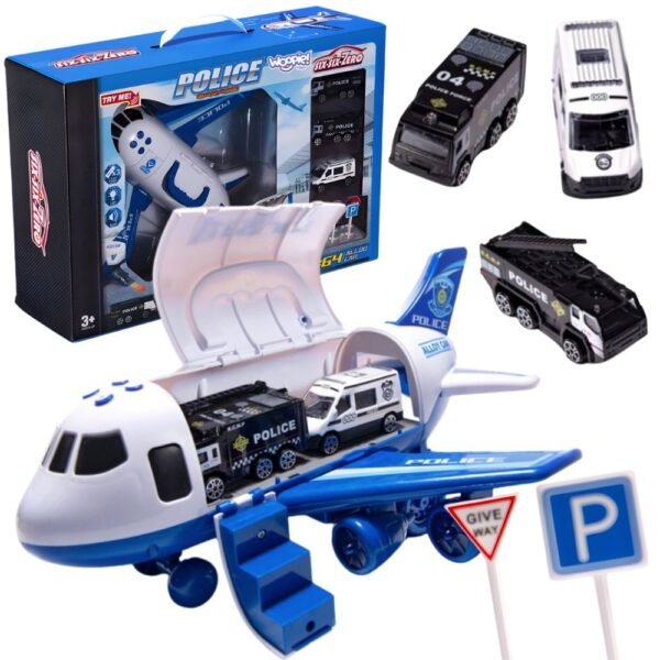 Atsidarantis policijos lėktuvas-transporteris su 3 mašinėlėmis ir kelio ženklais