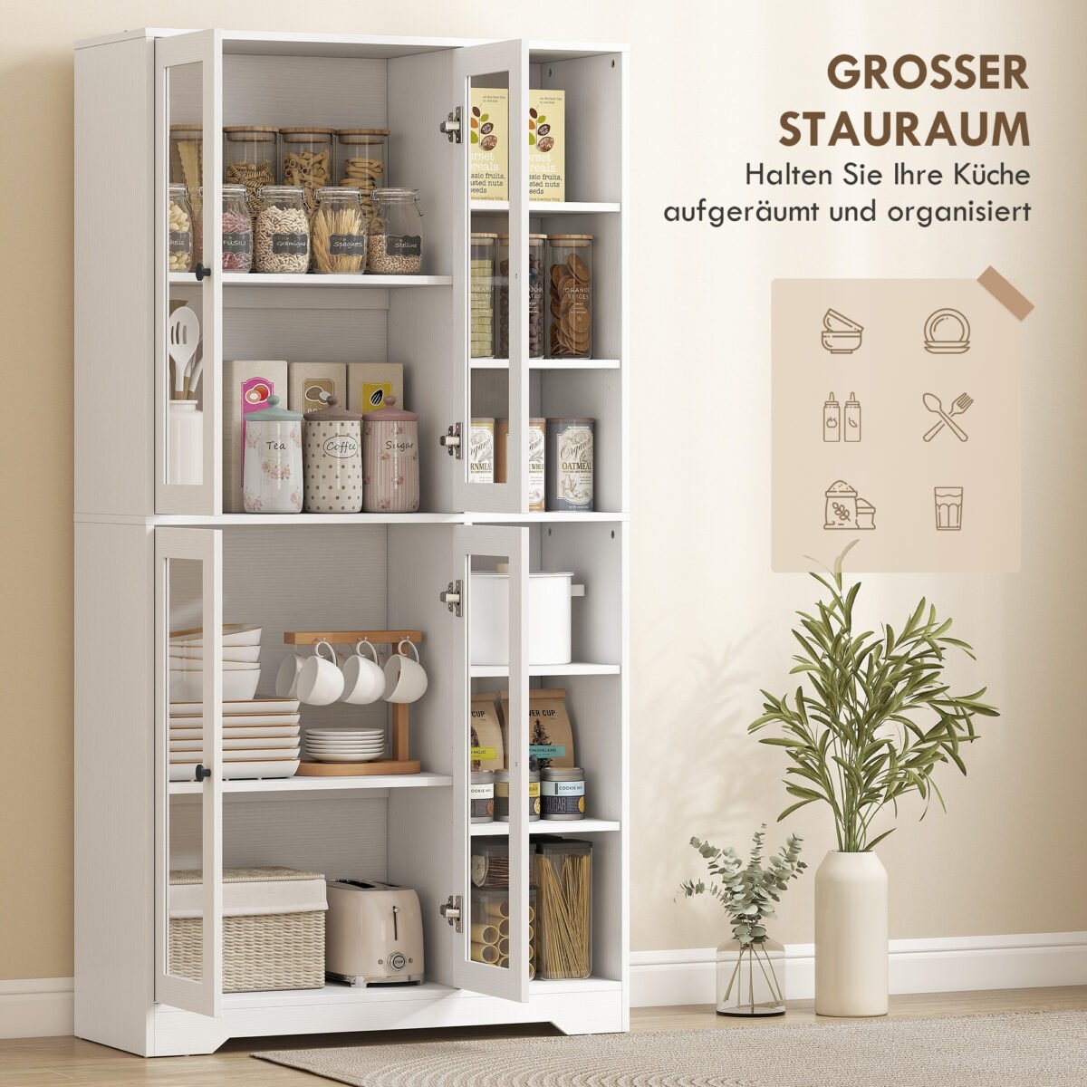 Aukšta virtuvės spinta su stiklinėmis durelėmis ir atviromis nišomis – Paveikslėlis 4