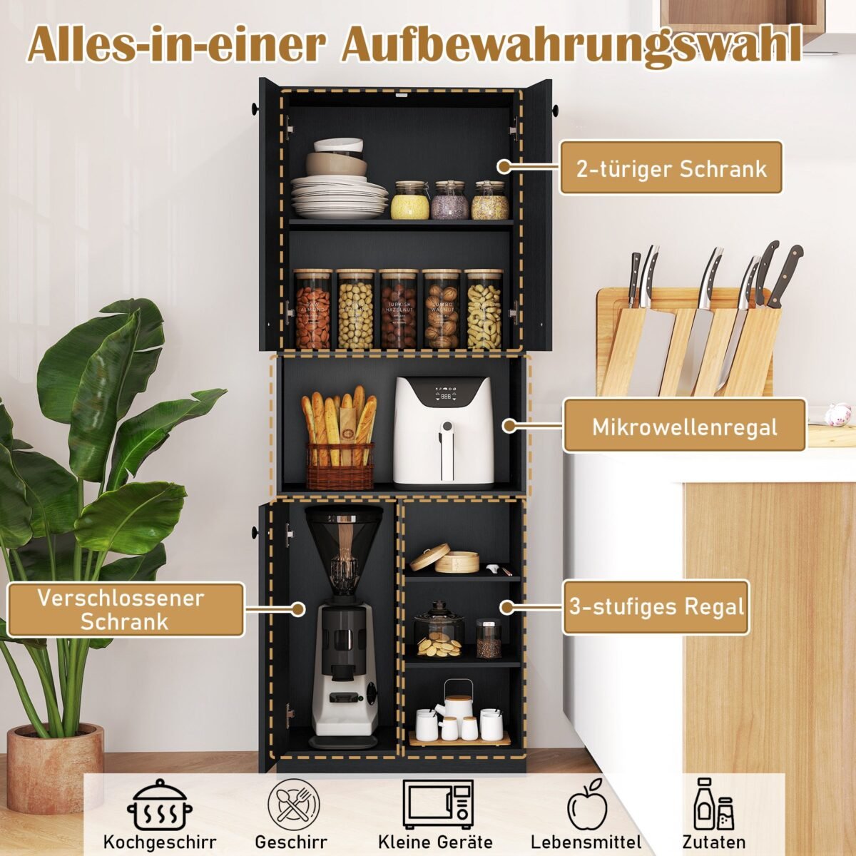 Aukšta virtuvės spintelė su darbastaliu ir įvairiomis saugojimo zonomis (Juoda)