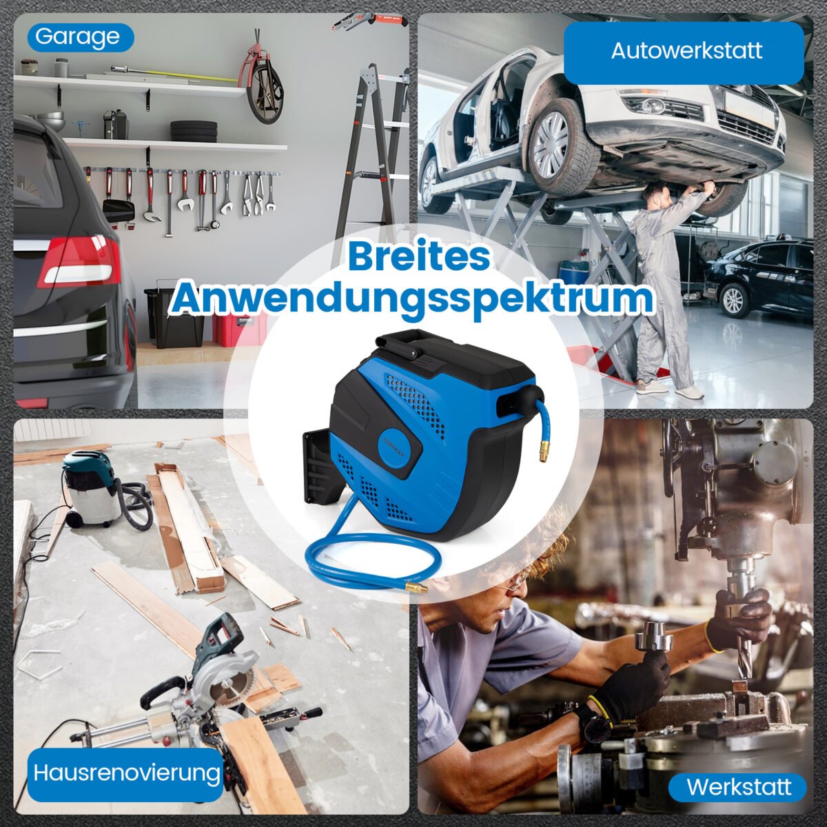 Automatinė suspausto oro žarnos ritė su 15 m žarna ir sieniniu laikikliu (Mėlyna) – Paveikslėlis 3