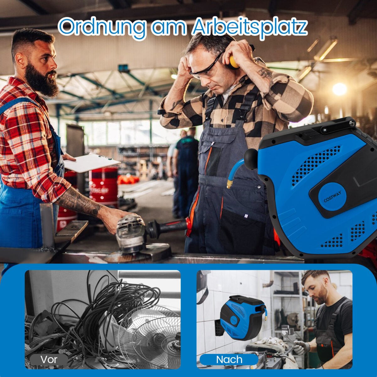 Automatinė suspausto oro žarnos ritė su 15 m žarna ir sieniniu laikikliu (Mėlyna) – Paveikslėlis 4