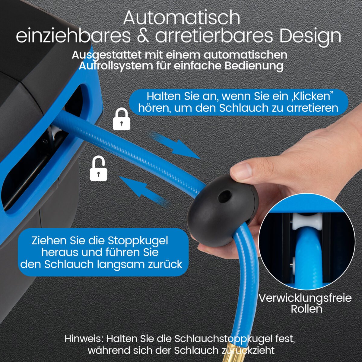 Automatinė suspausto oro žarnos ritė su 15 m žarna ir sieniniu laikikliu (Mėlyna) – Paveikslėlis 5