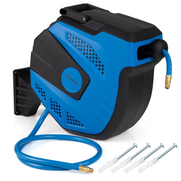 Automatinė suspausto oro žarnos ritė su 15 m žarna ir sieniniu laikikliu (Mėlyna)