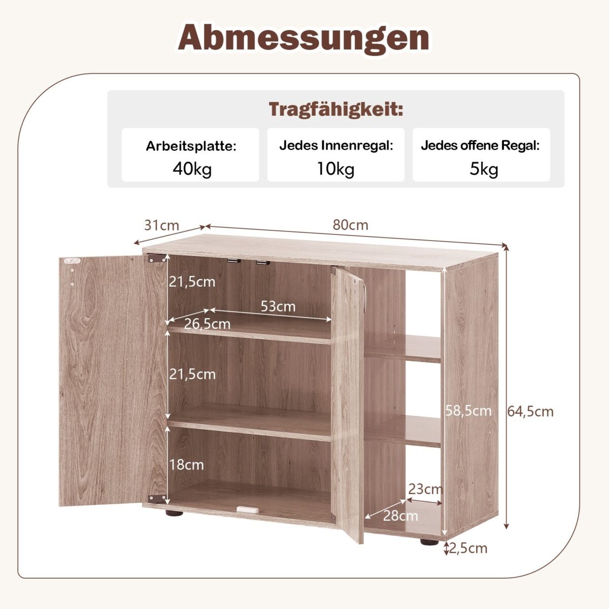 Batų spintelė su 2 durelėmis ir reguliuojamomis atviromis lentynomis (Natūrali) – Paveikslėlis 2