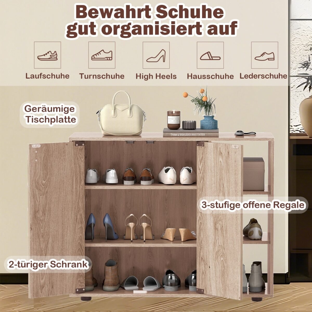 Batų spintelė su 2 durelėmis ir reguliuojamomis atviromis lentynomis (Natūrali) – Paveikslėlis 4