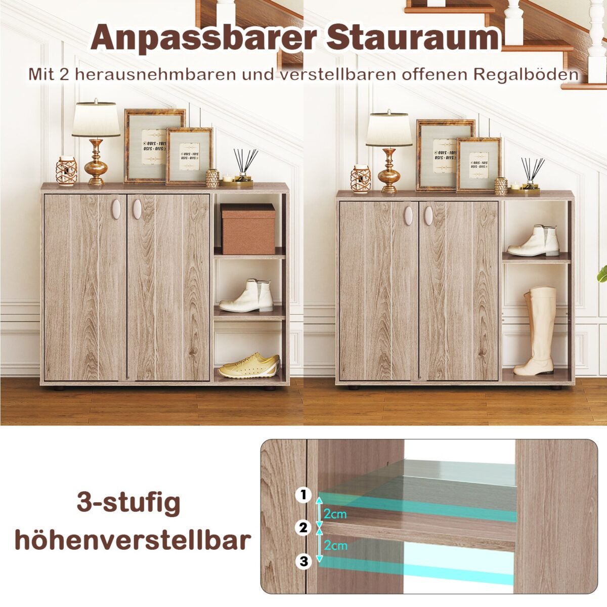 Batų spintelė su 2 durelėmis ir reguliuojamomis atviromis lentynomis (Natūrali) – Paveikslėlis 5