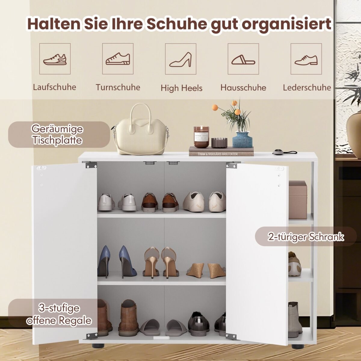 Batų spintelė su 2 durelėmis ir reguliuojamomis lentynomis (Balta) – Paveikslėlis 4