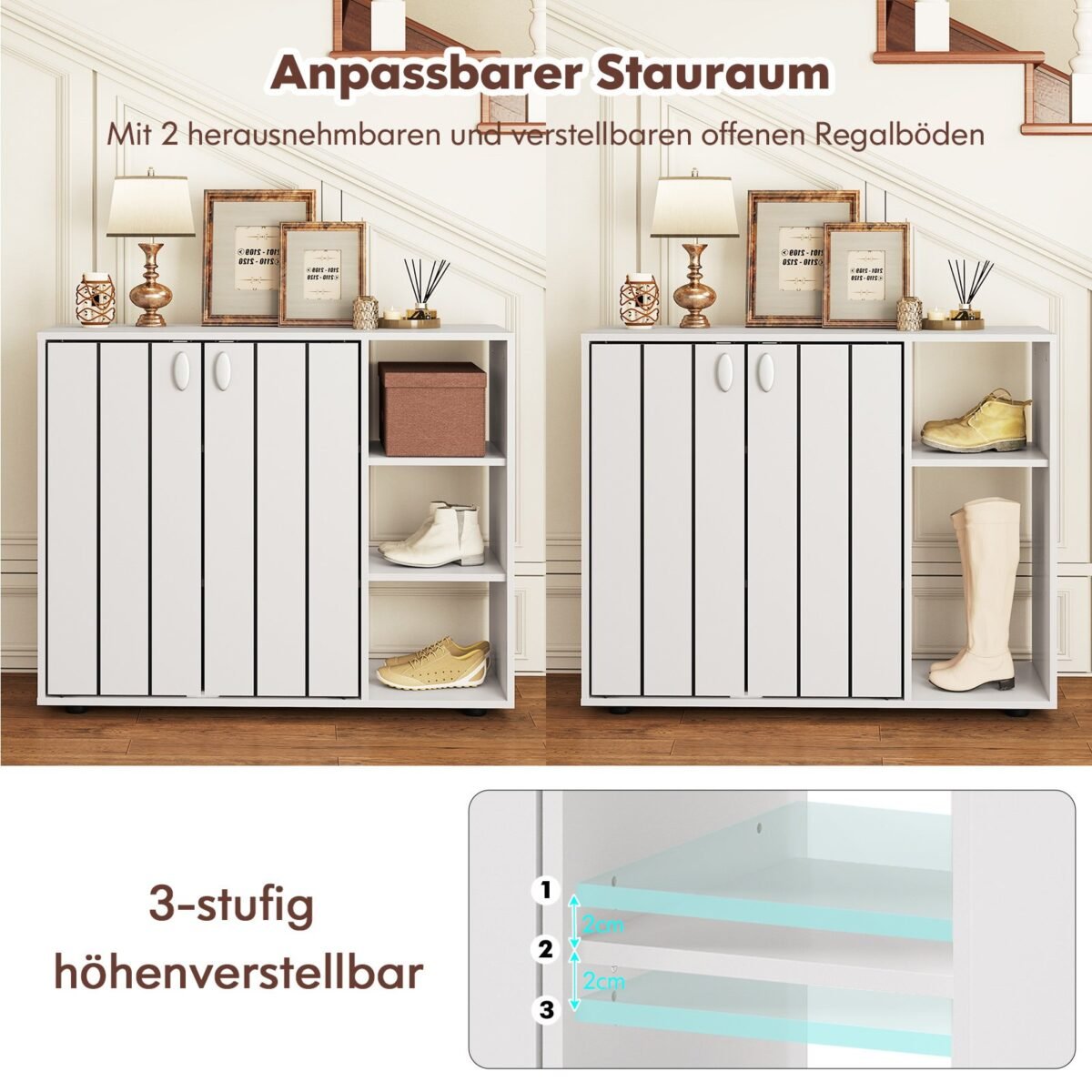 Batų spintelė su 2 durelėmis ir reguliuojamomis lentynomis (Balta) – Paveikslėlis 5