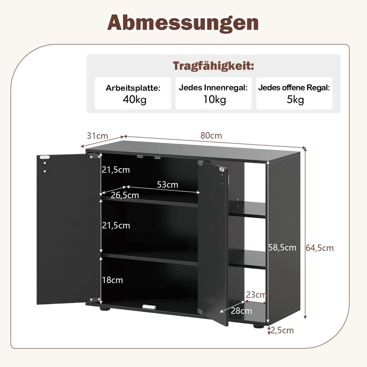 Batų spintelė su dviem durelėmis ir reguliuojamomis lentynomis (Juoda) – Paveikslėlis 2