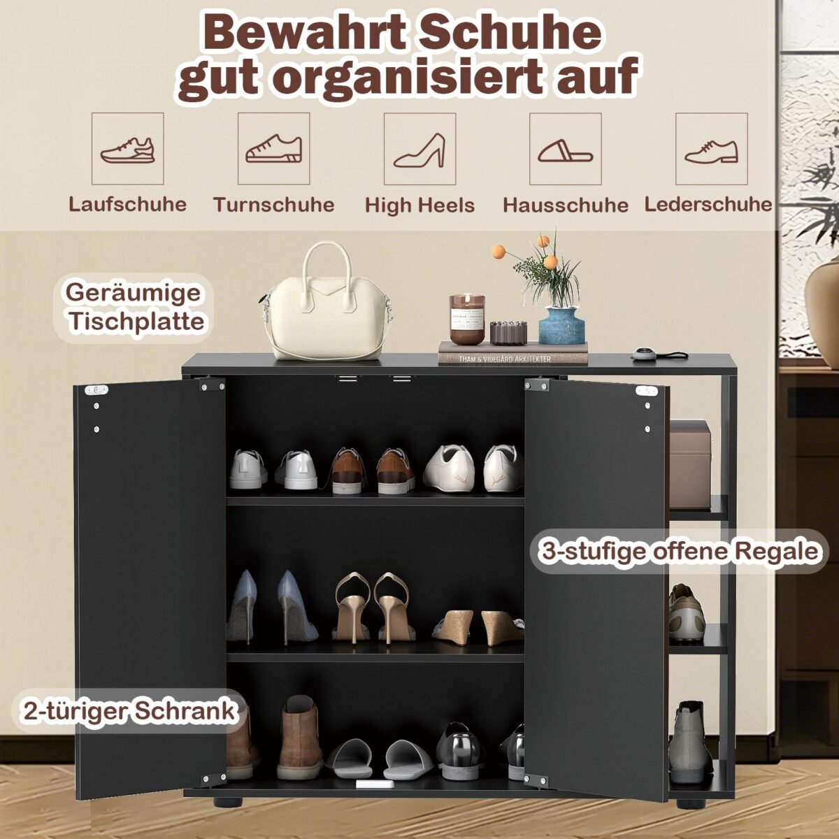 Batų spintelė su dviem durelėmis ir reguliuojamomis lentynomis (Juoda) – Paveikslėlis 4