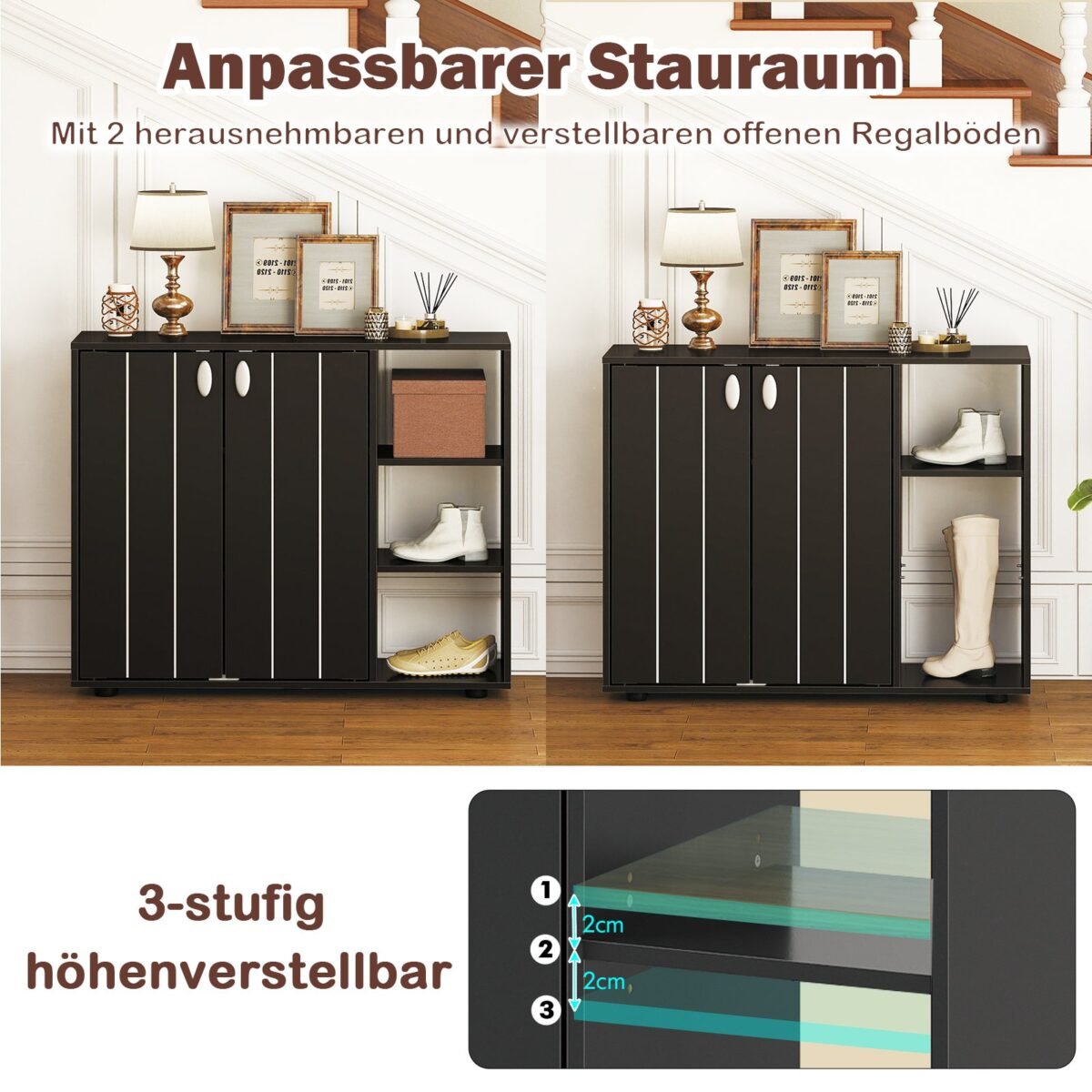 Batų spintelė su dviem durelėmis ir reguliuojamomis lentynomis (Juoda) – Paveikslėlis 5