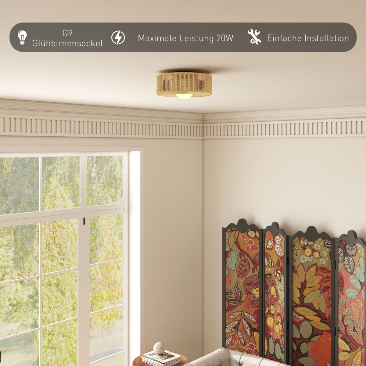 Boho stiliaus lubinis šviestuvas su kanapinės virvės gaubtu ir G9 LED lempute – Paveikslėlis 6