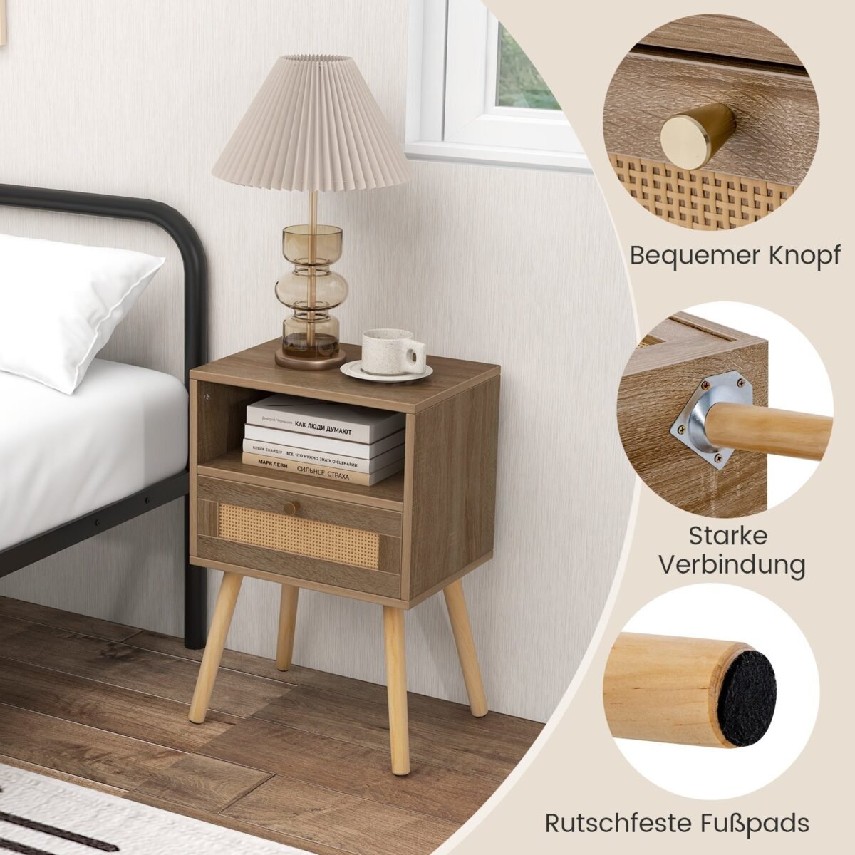 Boho stiliaus naktinis staliukas su rotango apdaila (Natūrali) – Paveikslėlis 3