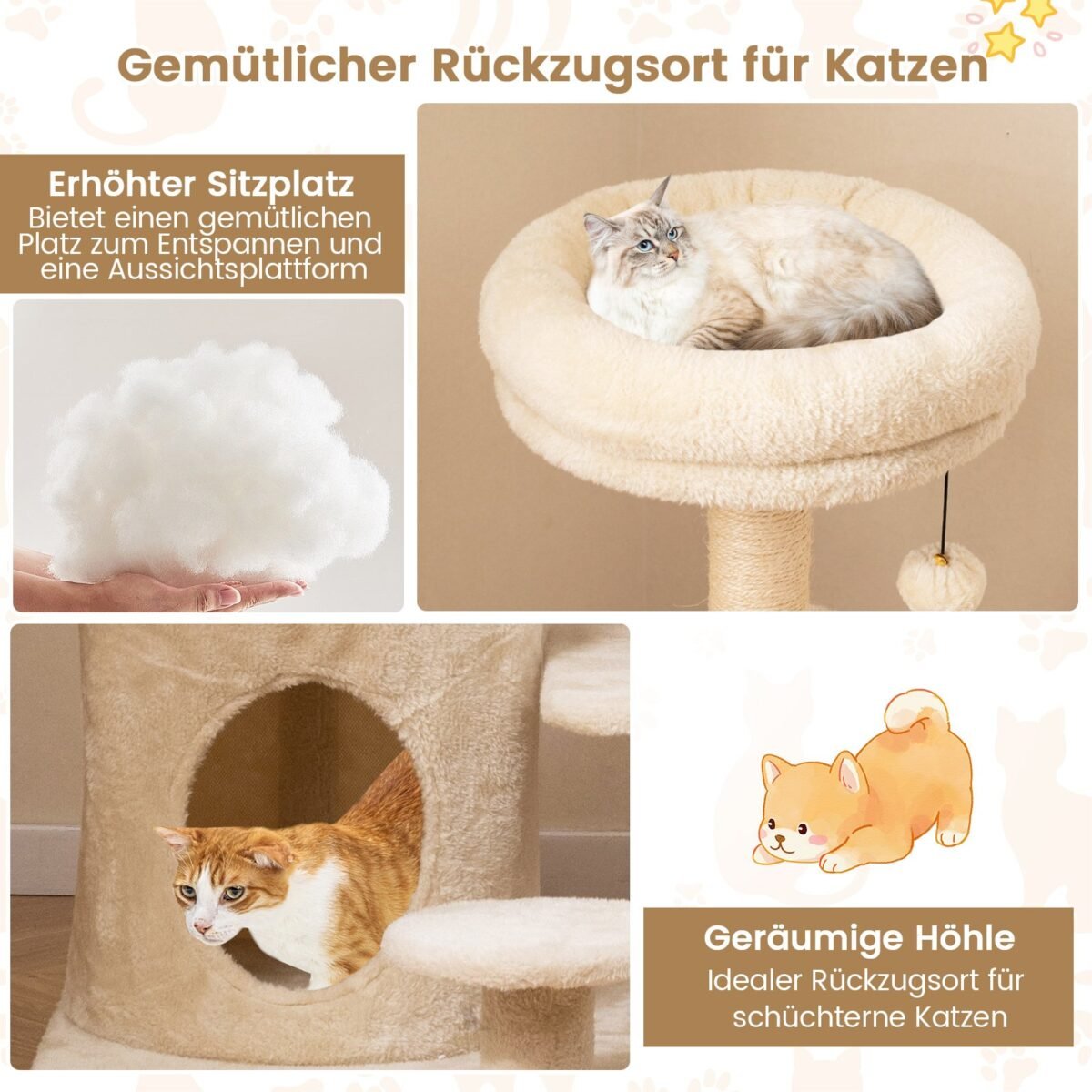 Daugiaaukštė kačių draskyklė su jaukiu urvu ir minkšta apžvalgos aikštele (Smėlio spalvos) – Paveikslėlis 5