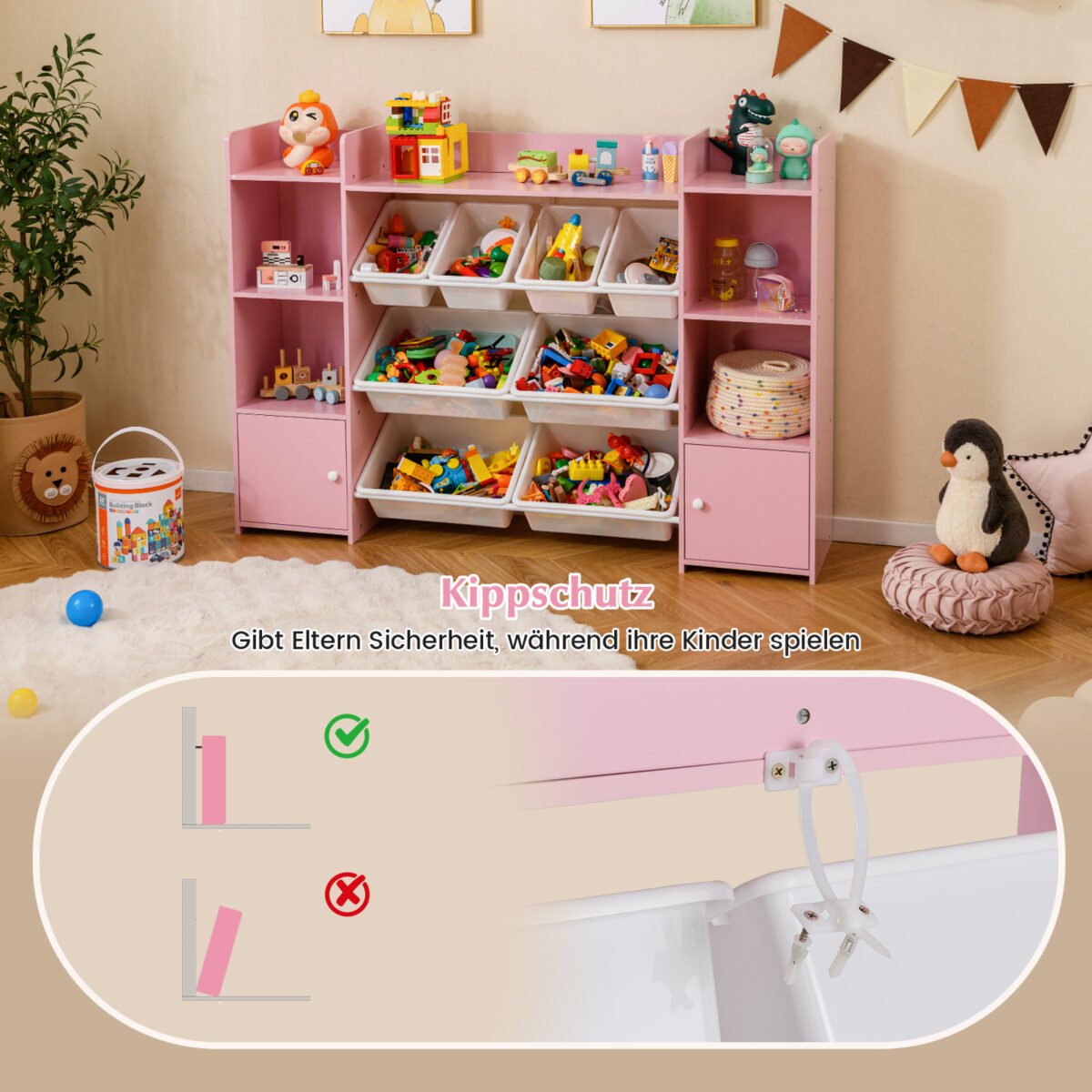 Daugiafunkcinė vaikiška spinta su 8 išimamais konteineriais ir knygų lentynomis (Rožinė) – Paveikslėlis 4