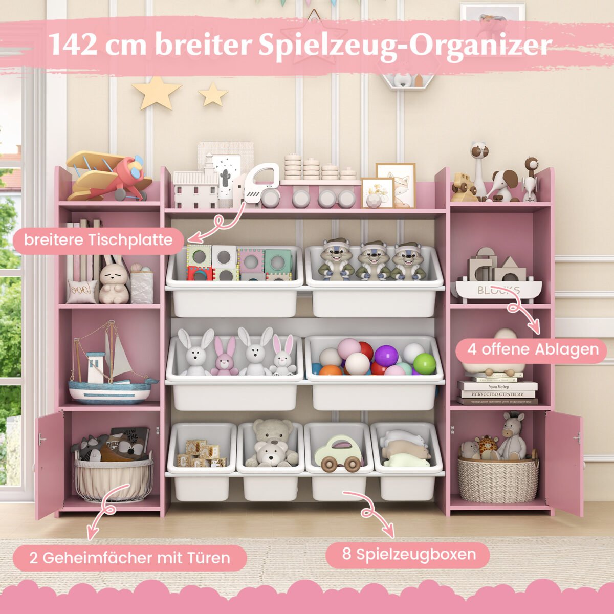 Daugiafunkcinė vaikiška spinta su 8 išimamais konteineriais ir knygų lentynomis (Rožinė) – Paveikslėlis 5
