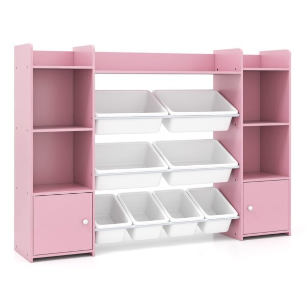 Daugiafunkcinė vaikiška spinta su 8 išimamais konteineriais ir knygų lentynomis (Rožinė)