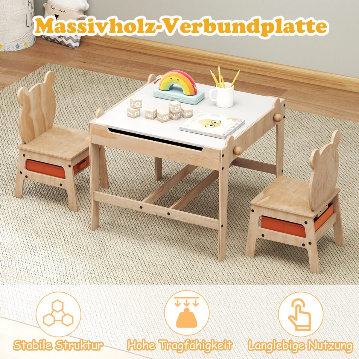 Vaikiškas staliukas su 2 kėdutėmis ir dvipusiu rašomuoju paviršiumi (Natūrali) – Paveikslėlis 2