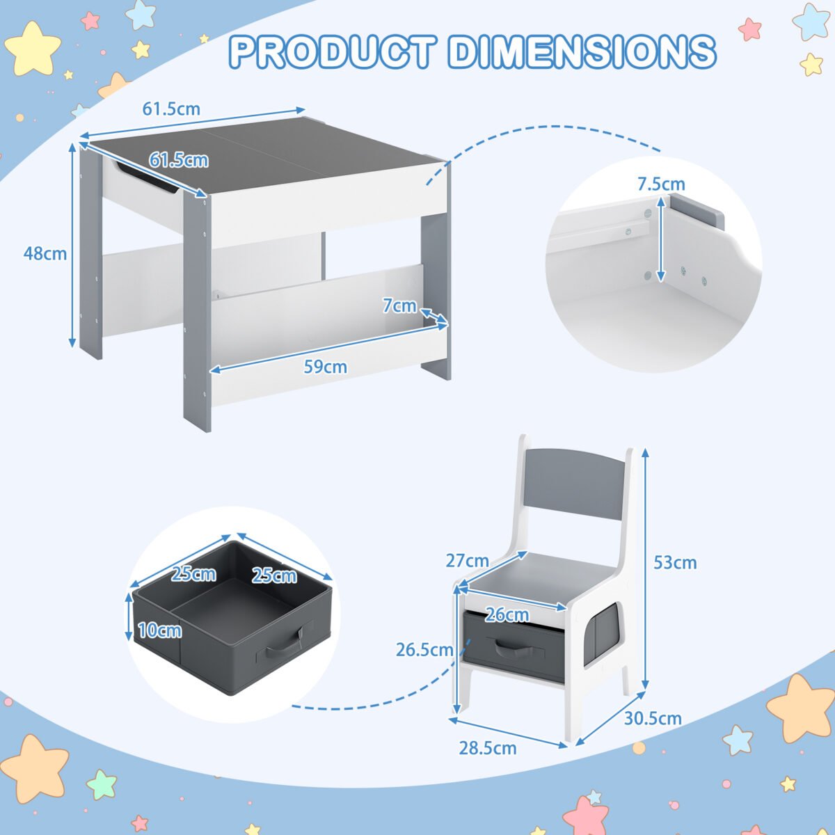 Daugiafunkcis vaikiškas stalo ir kėdžių komplektas su dvipusiais stalviršiais ir lentynomis (Pilka) – Paveikslėlis 2