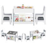 Daugiafunkcis vaikiškas stalo ir kėdžių komplektas su dvipusiais stalviršiais ir lentynomis (Pilka)