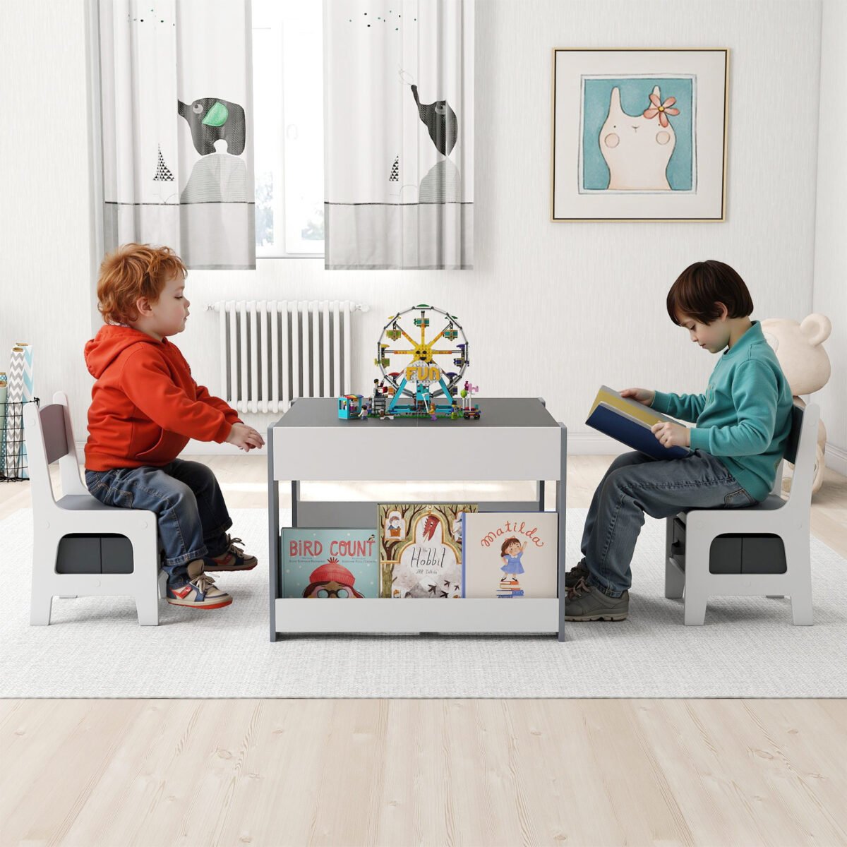 Daugiafunkcis vaikiškas stalo ir kėdžių komplektas su dvipusiais stalviršiais ir lentynomis (Pilka) – Paveikslėlis 3