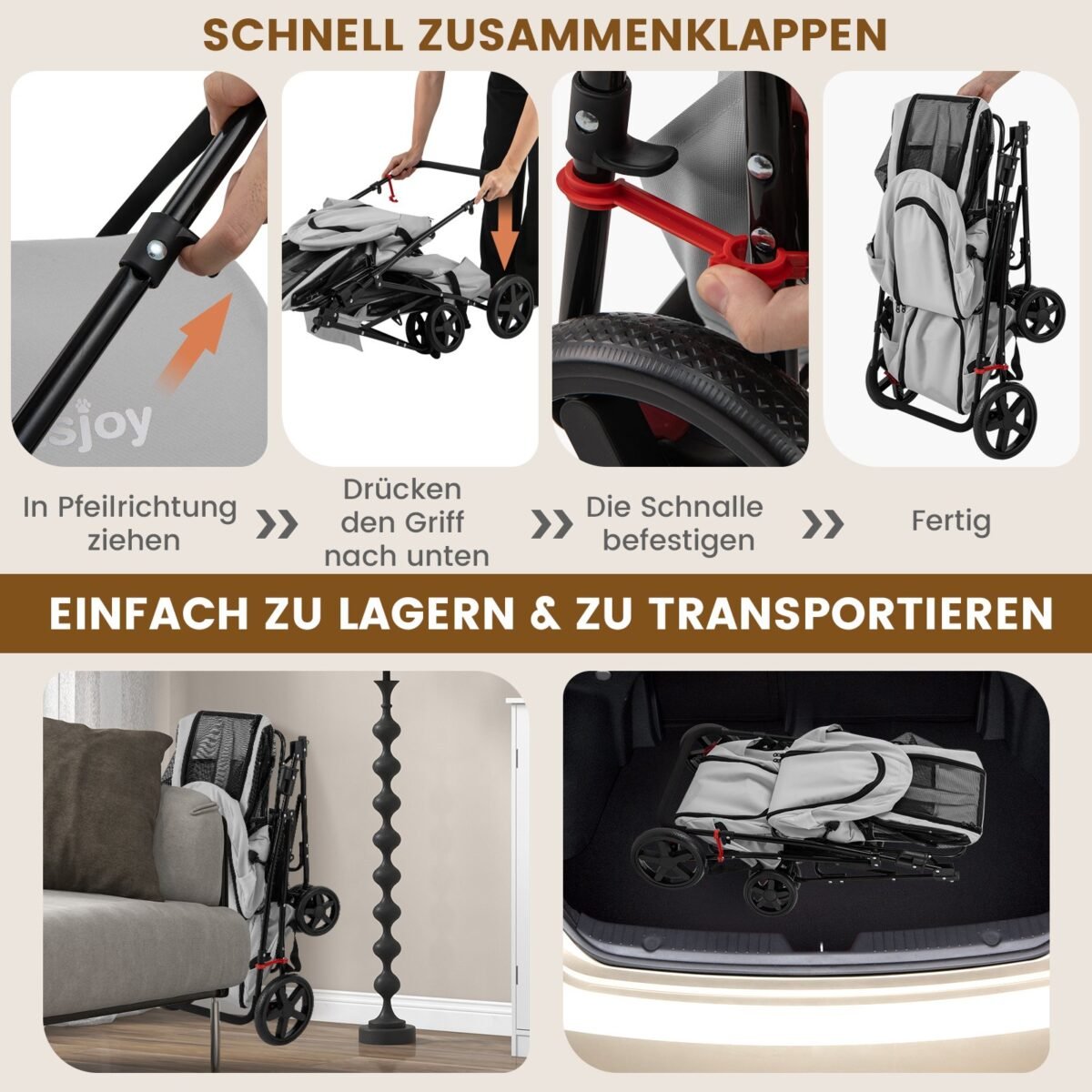 Vežimėlis gyvūnams su dviem nuimamais krepšiais (Pilka) – Paveikslėlis 3