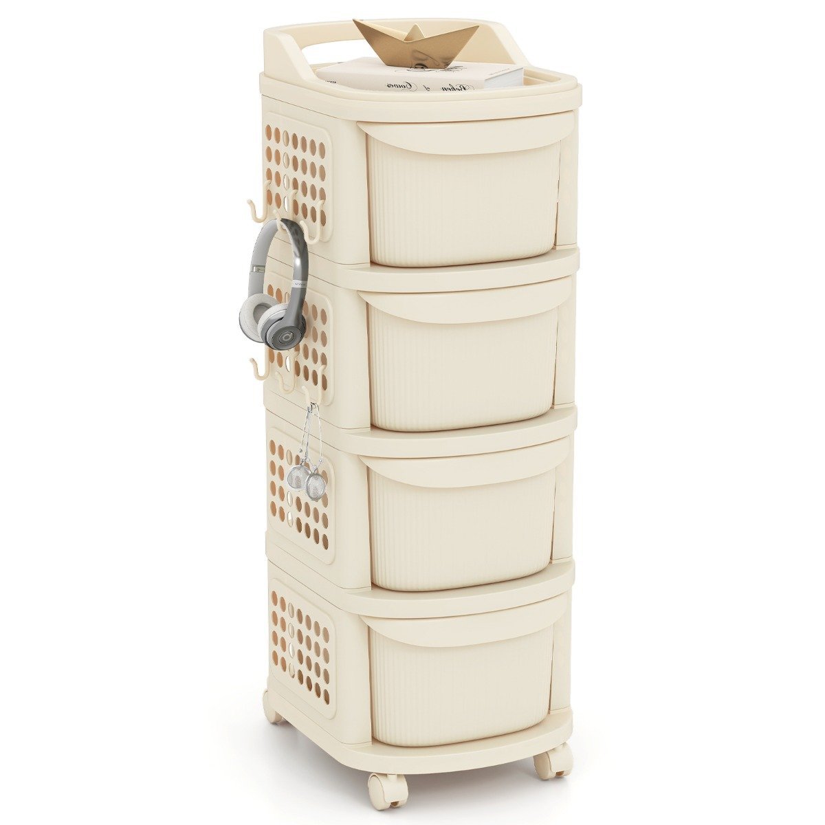 Daugiafunkcis vežimėlis su 4 stalčiais ir perforuota sienele (Balta)