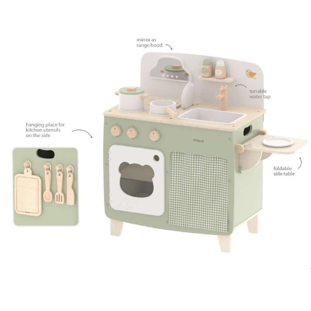 Didelė medinė virtuvėlė su atlenkiamu staliuku ir spintele su užuolaida – Paveikslėlis 2