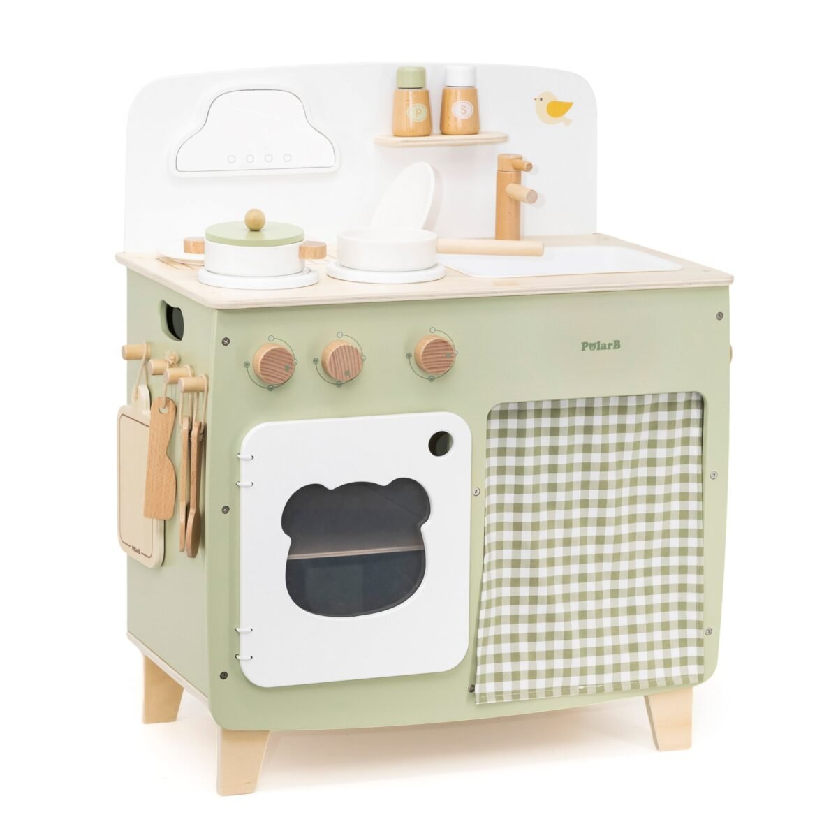 Didelė medinė virtuvėlė su atlenkiamu staliuku ir spintele su užuolaida – Paveikslėlis 14