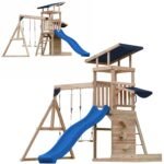 Didelė medinė žaidimų aikštelė su sūpynėmis, čiuožykla, bokšteliu ir smėlio dėže – Paveikslėlis 16