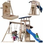Didelė medinė žaidimų aikštelė su sūpynėmis