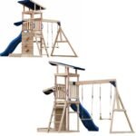 Didelė medinė žaidimų aikštelė su sūpynėmis, čiuožykla, bokšteliu ir smėlio dėže – Paveikslėlis 17