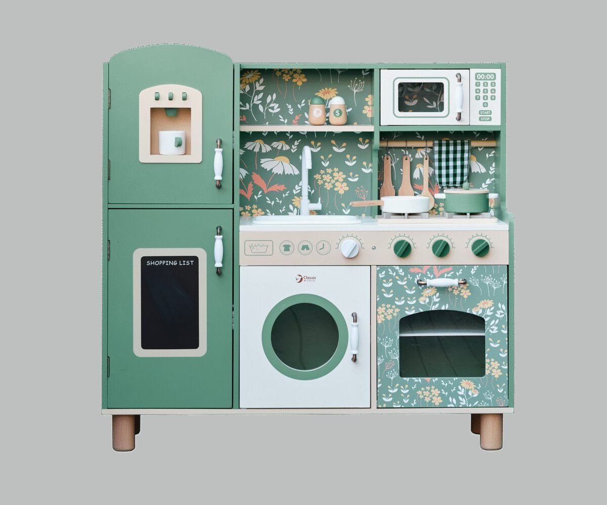 Didelė medinė virtuvėlė vaikams su indaplove ir rašymo lenta – Paveikslėlis 14