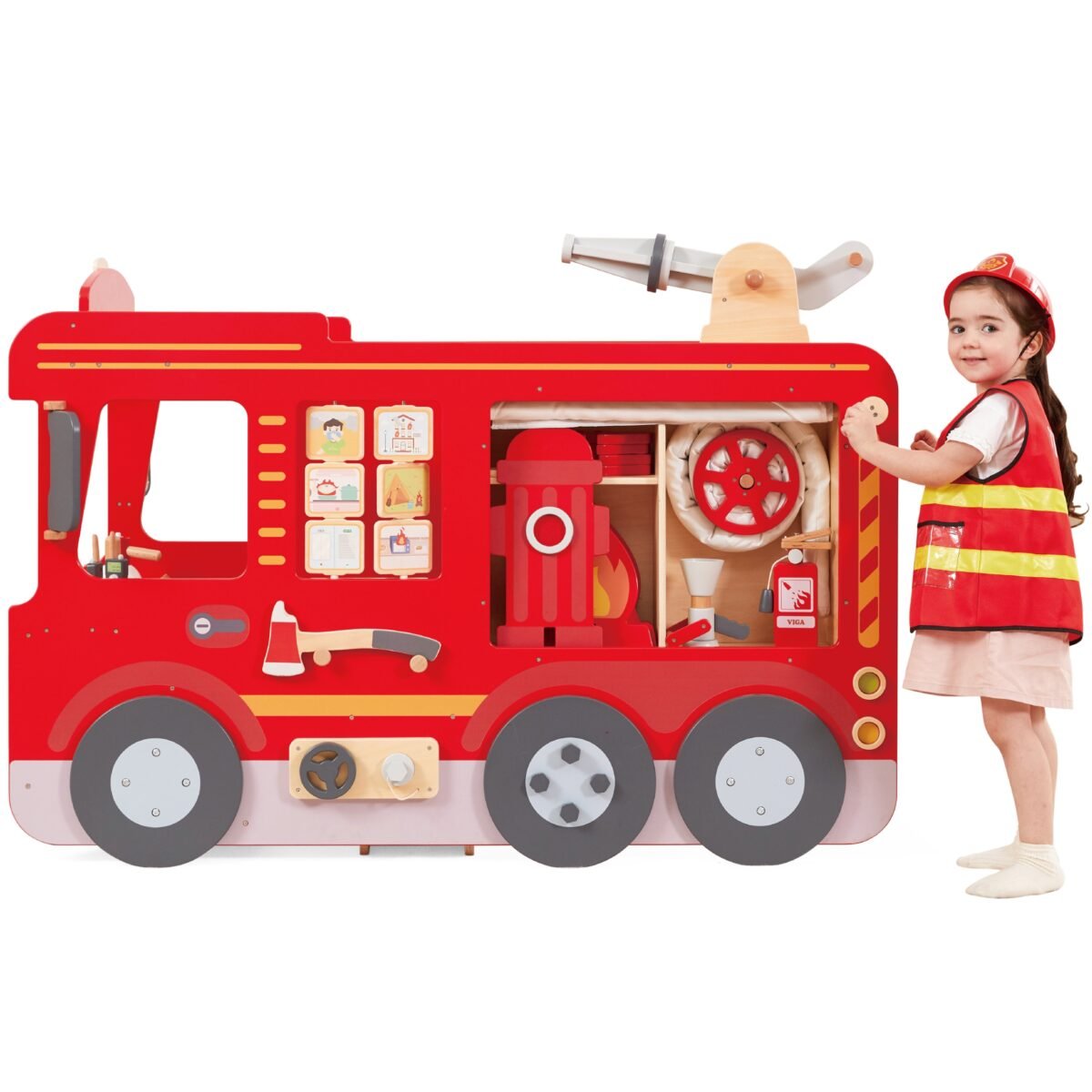 Didelis medinis gaisrinis automobilis – ugniagesių žaidimų centras su priedais – Paveikslėlis 6