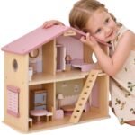 Didelis medinis lėlių namelis su 17 dalių