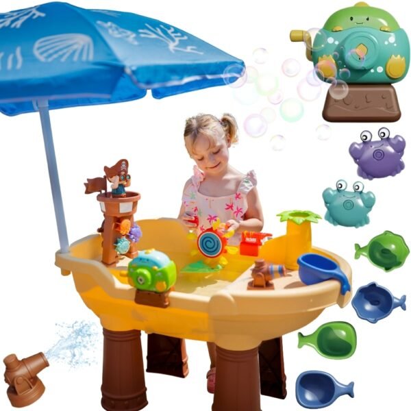 Didelis piratų laivo vandens ir smėlio stalas su skėčiu ir burbulų mašina