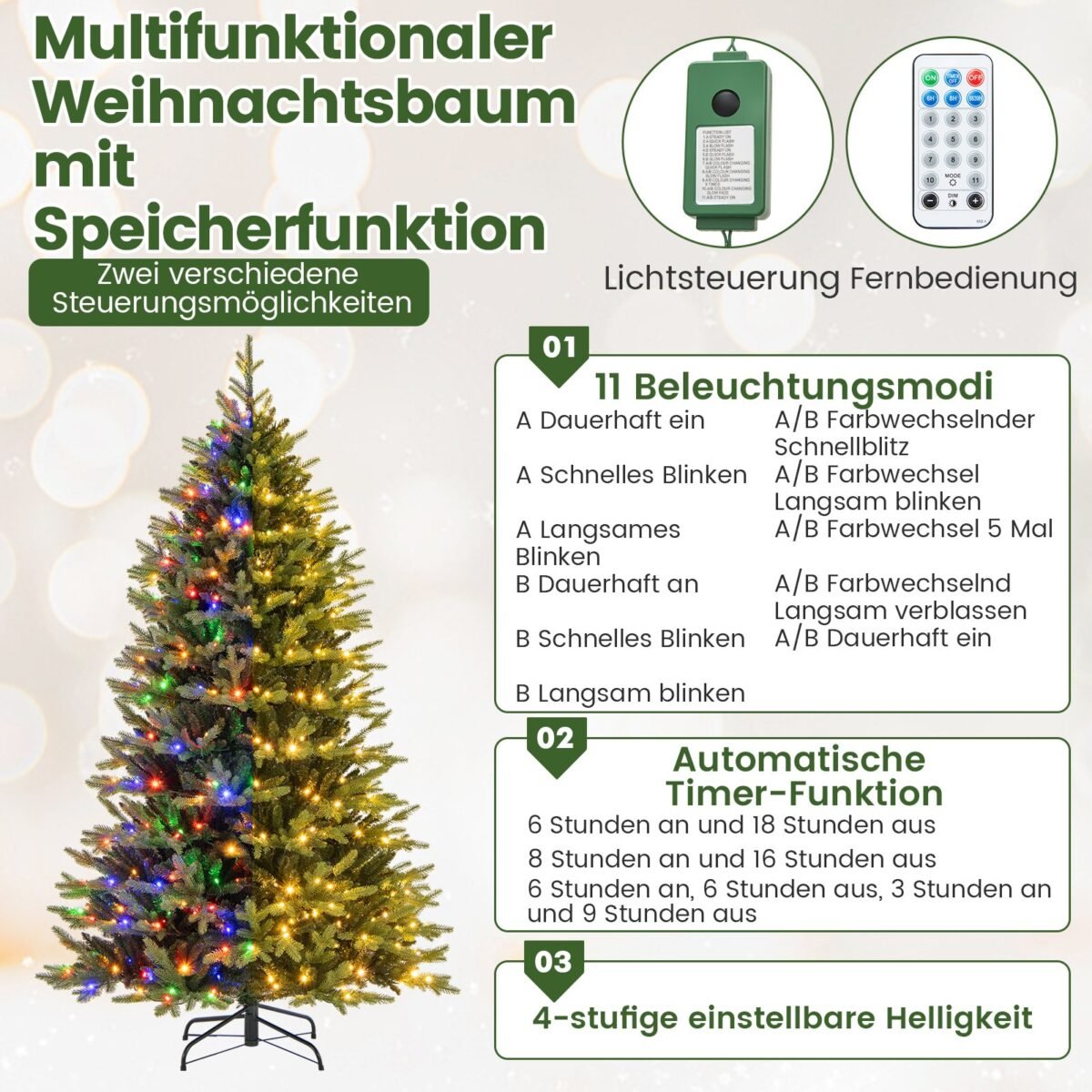 Dirbtinis Kalėdų medis su 1646 šakelių galiukais ir 470 LED lempučių 210 cm aukščio (Žalia) – Paveikslėlis 4