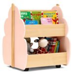 Dviaukštė medinė lentyna su ratukais knygoms ir žaislams (Rožinė)