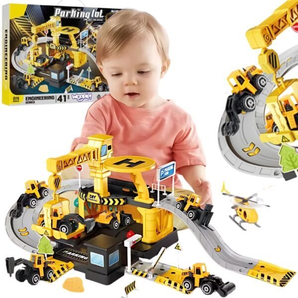 Dviejų lygių statybų aikštelės garažas su kranu ir mašinėlėmis