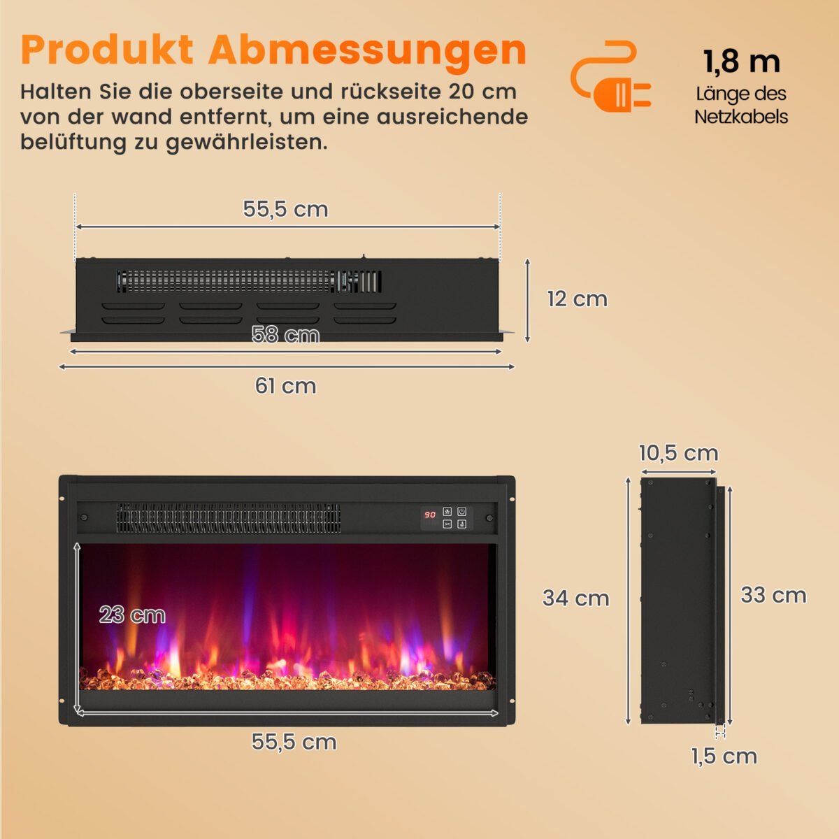 Elektrinis židinio įdėklas su reguliuojamomis liepsnos spalvomis (Juoda) – Paveikslėlis 2