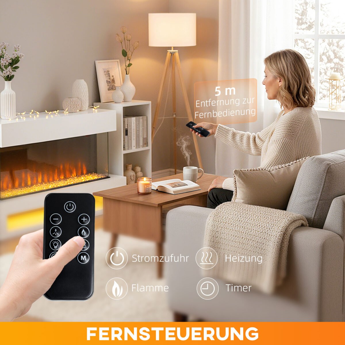 Elektrinis židinys su 11 liepsnos spalvų ir 10 kristalų spalvų, reguliuojamu šildymu ir nuotoliniu valdymu – Paveikslėlis 7