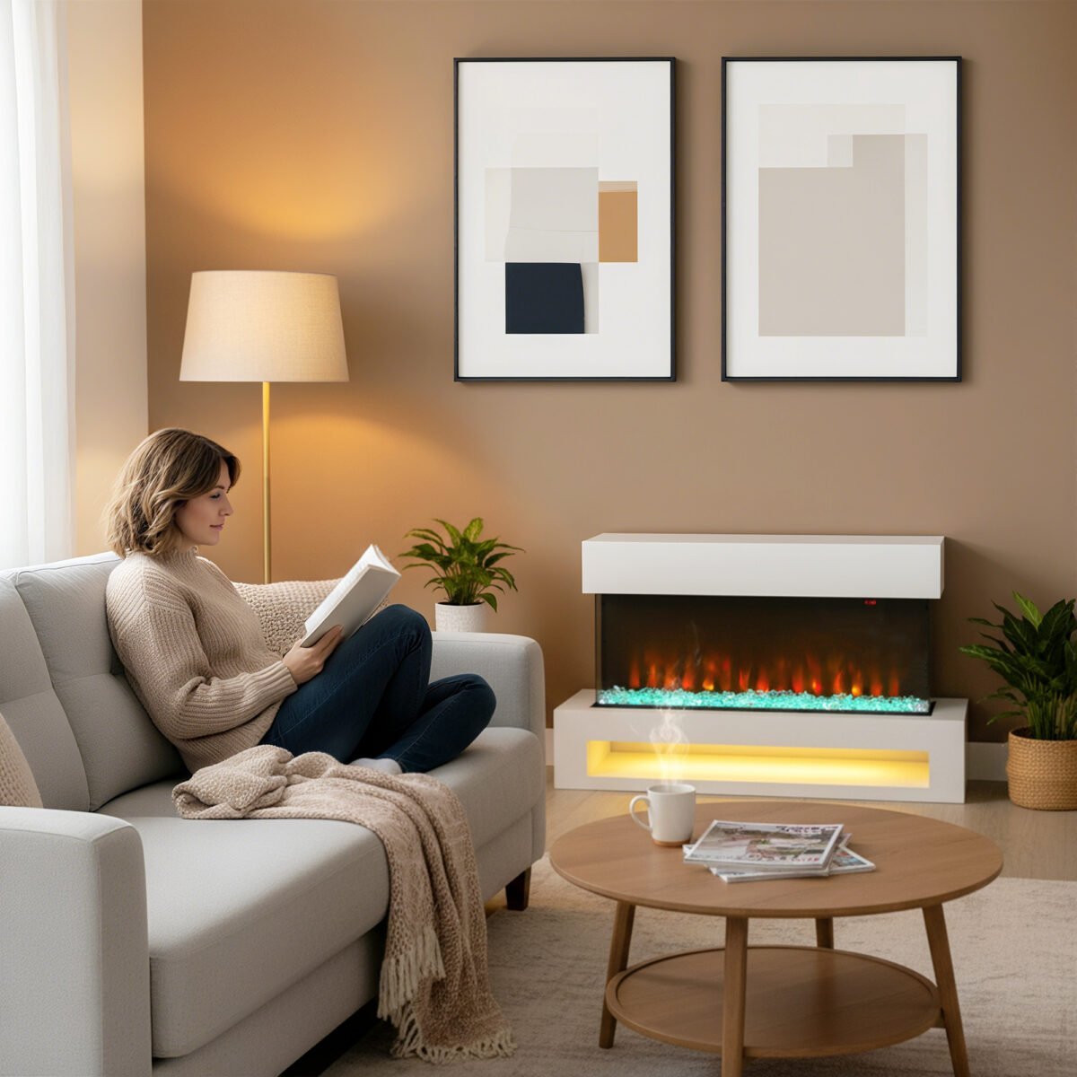 Elektrinis židinys su 11 liepsnos spalvų ir 10 kristalų spalvų, reguliuojamu šildymu ir nuotoliniu valdymu – Paveikslėlis 9